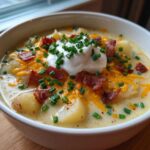 A close-up of a bowl of creamy Loaded Baked Potato Soup topped with shredded cheddar, bacon bits, sour cream, and fresh chives.