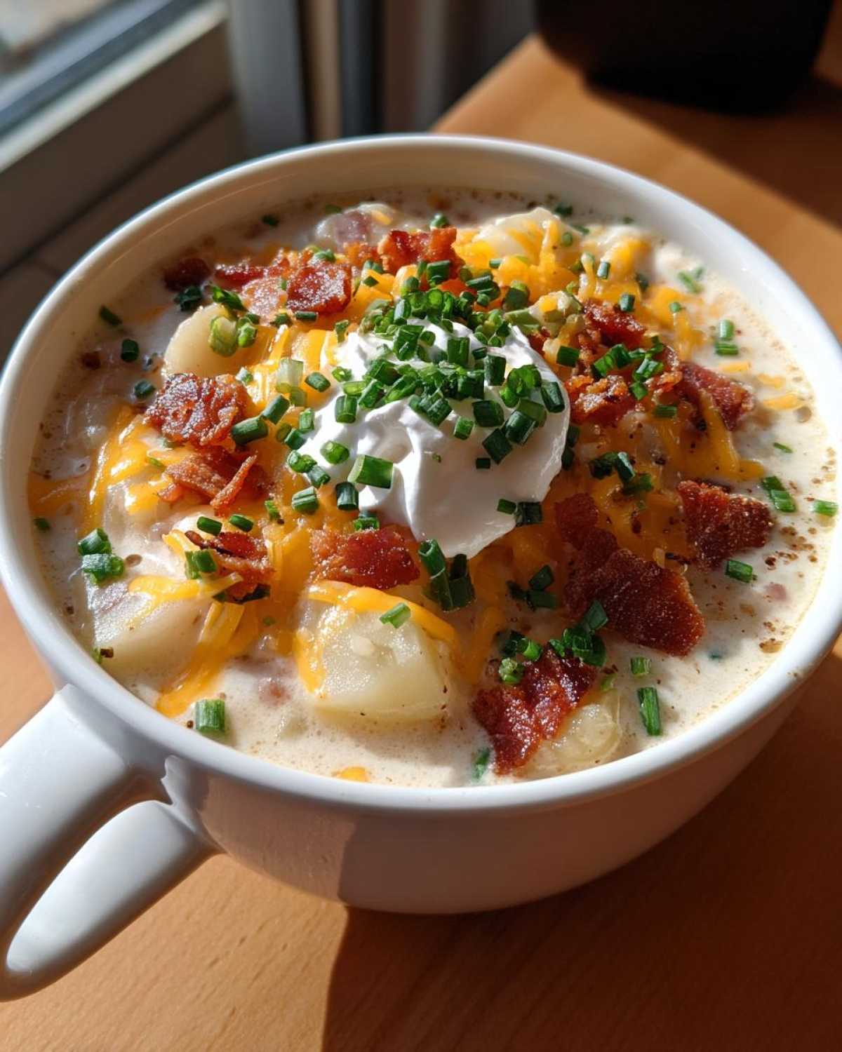 A hearty bowl of Loaded Baked Potato Soup topped with melted cheddar, bacon bits, sour cream, and fresh chives.