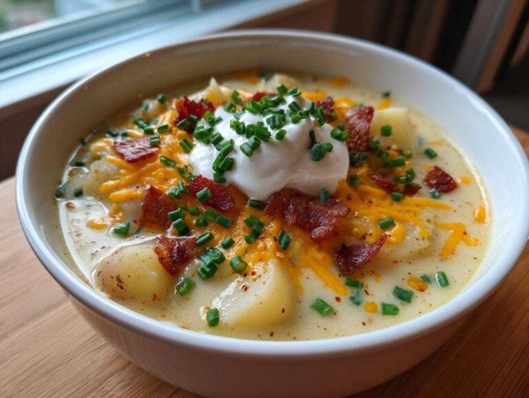 A close-up of a bowl of creamy Loaded Baked Potato Soup topped with shredded cheddar, bacon bits, sour cream, and fresh chives.