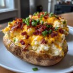 A close-up of a delicious twice baked potato overflowing with creamy filling, melted cheddar cheese, bacon bits, and green onions.
