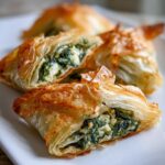 Close-up of flaky, golden-brown Mediterranean Spinach and Feta Cheese Crisps cut in half, showing the spinach and feta filling.