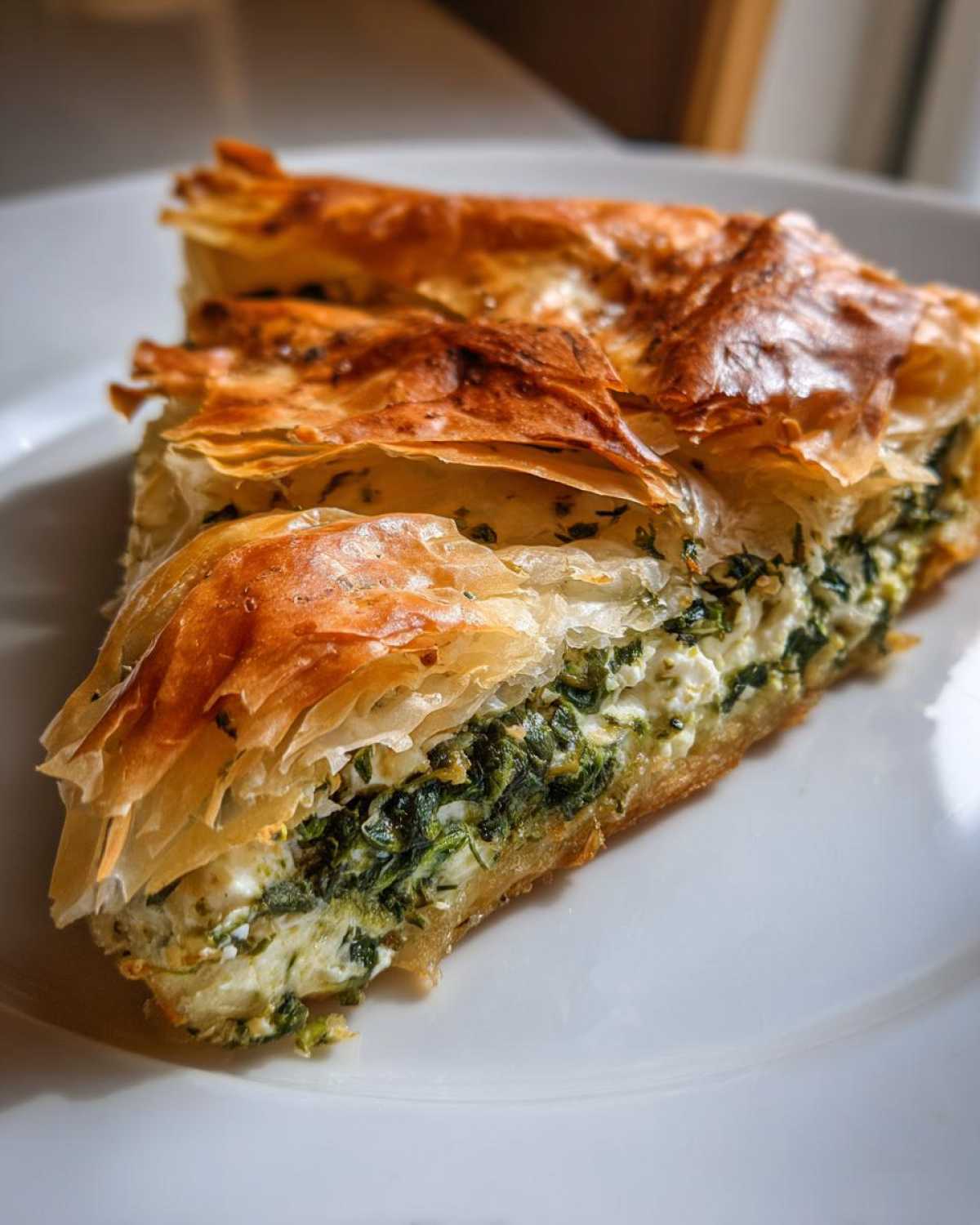 A close-up of a flaky, golden slice of Mediterranean Spinach and Feta Cheese Crisps on a white plate.