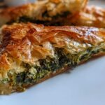 Close-up of a flaky slice of Mediterranean Spinach and Feta Cheese Crisps showing the golden phyllo dough and green filling.