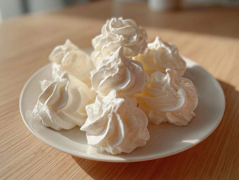 A close-up of several perfectly piped, white meringue cookies stacked on a small white plate.