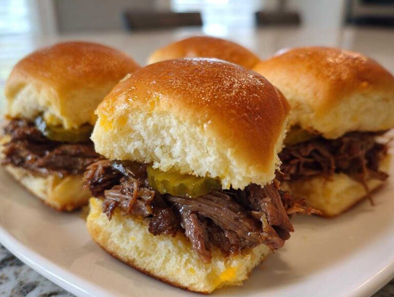 Four irresistible mississippi pot roast sliders piled high with shredded beef and pickles on soft buns.