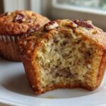 Close-up of a banana nut muffin with a bite taken out, revealing a moist, tender crumb and nuts inside.