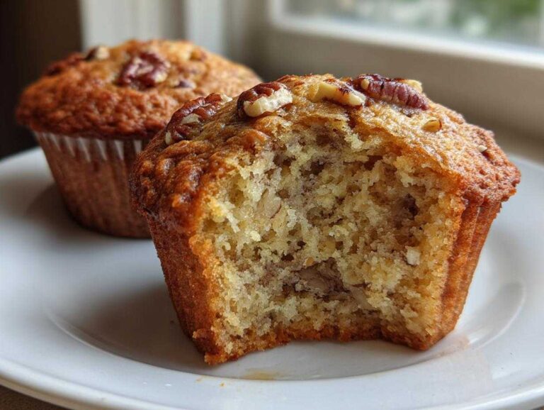 Close-up of a banana nut muffin with a bite taken out, revealing a moist, tender crumb and nuts inside.