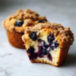 Close-up of a moist blueberry muffin cut in half, showing juicy blueberries and a crunchy brown sugar crumb topping.