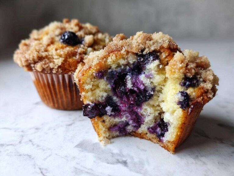 Close-up of a moist blueberry muffin cut open, showing rich purple berries and a crunchy streusel topping.