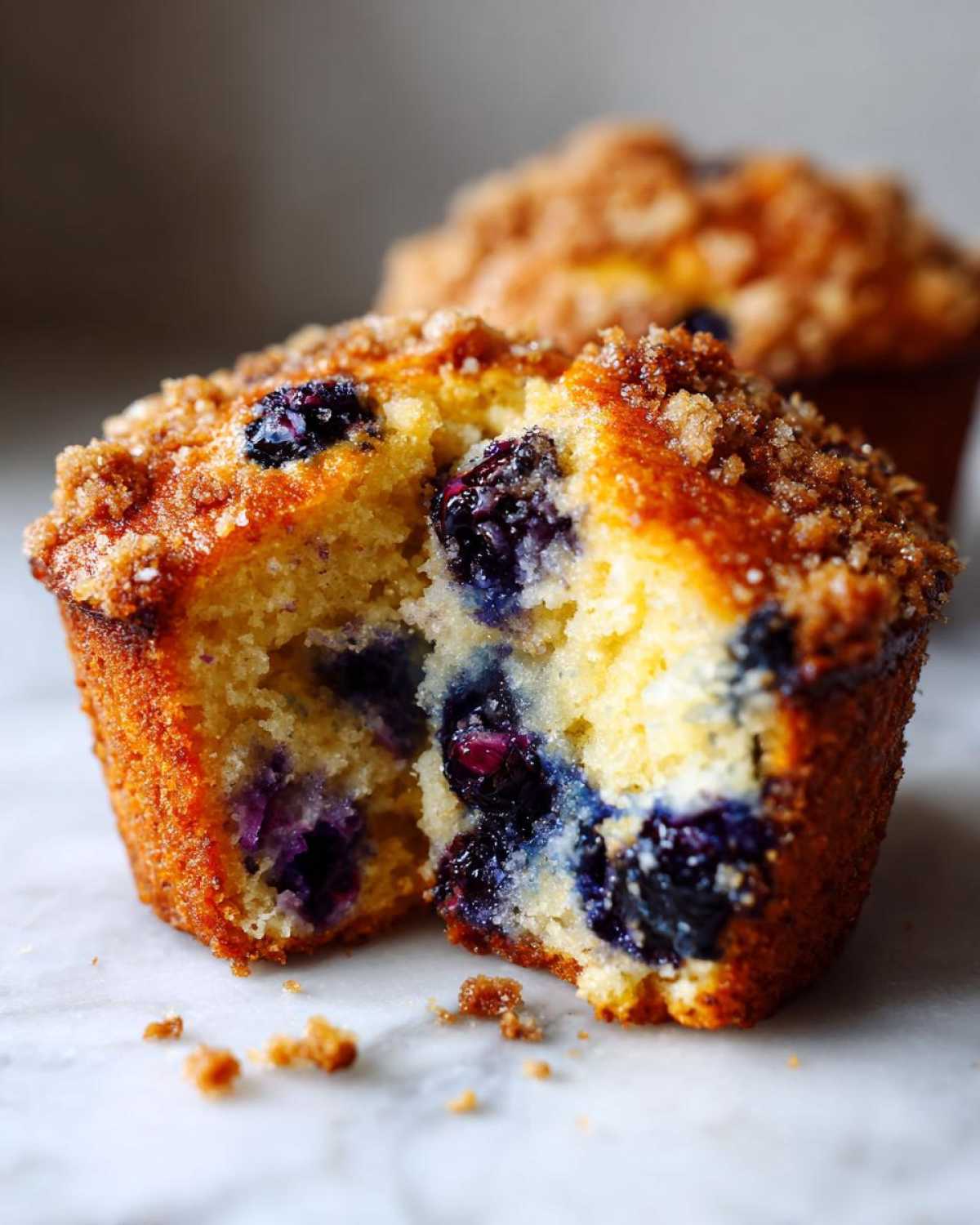 Close-up of a moist blueberry muffin broken in half, showing juicy blueberries and a crumb topping.