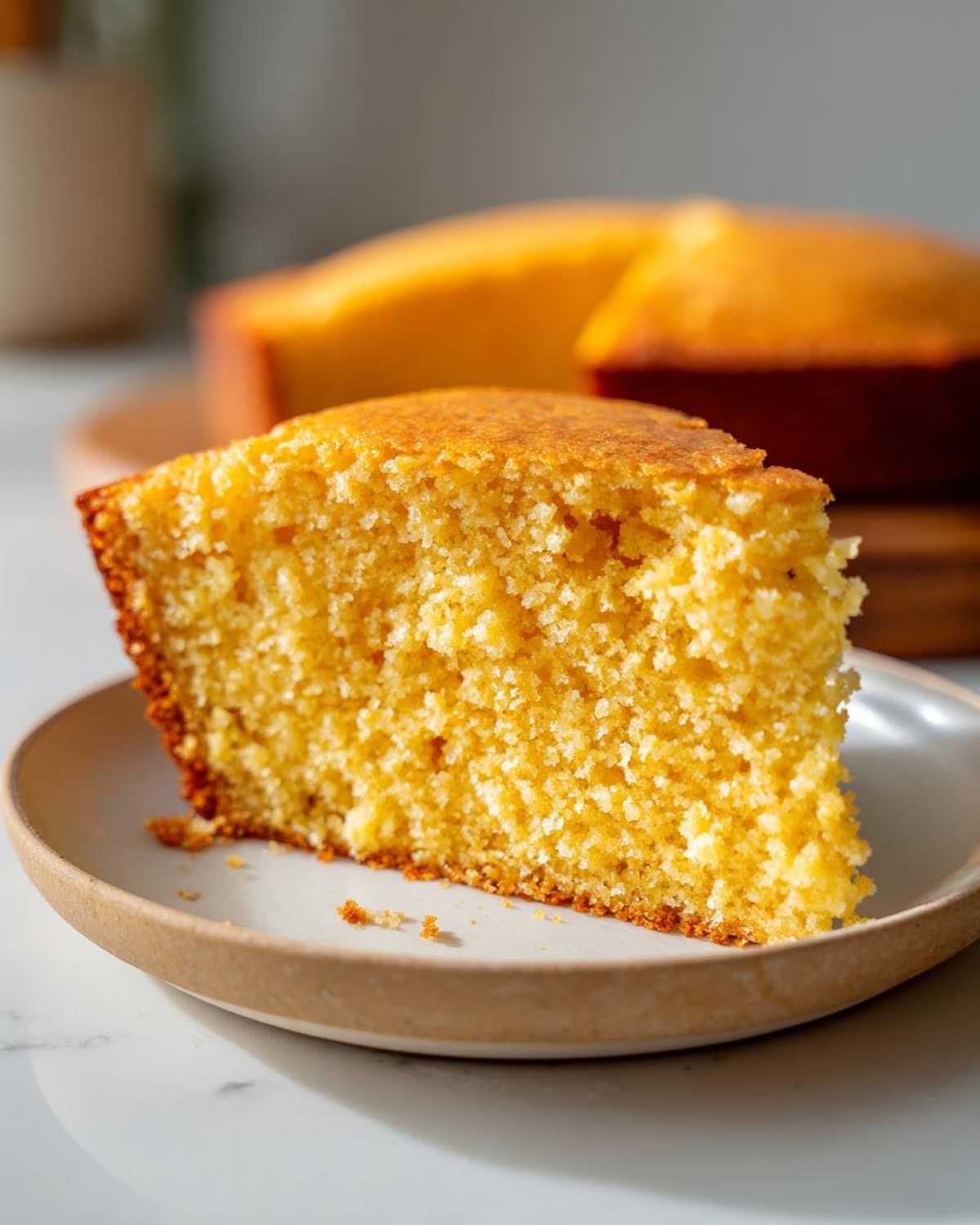 Close-up of a moist, golden slice of buttermilk cornbread resting on a small ceramic plate.