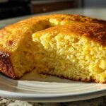 Close-up of a slice cut from a round buttermilk cornbread, showing its moist, yellow crumb and dark golden crust.