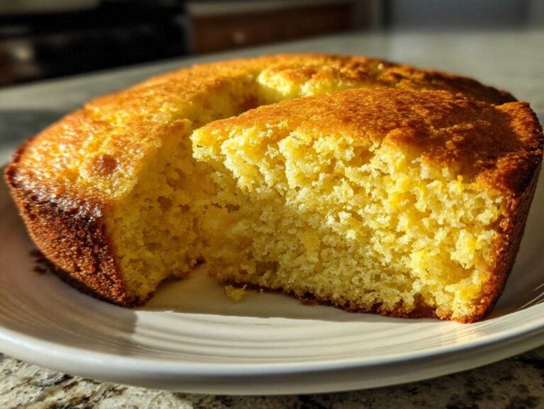 Close-up of a slice cut from a round buttermilk cornbread, showing its moist, yellow crumb and dark golden crust.