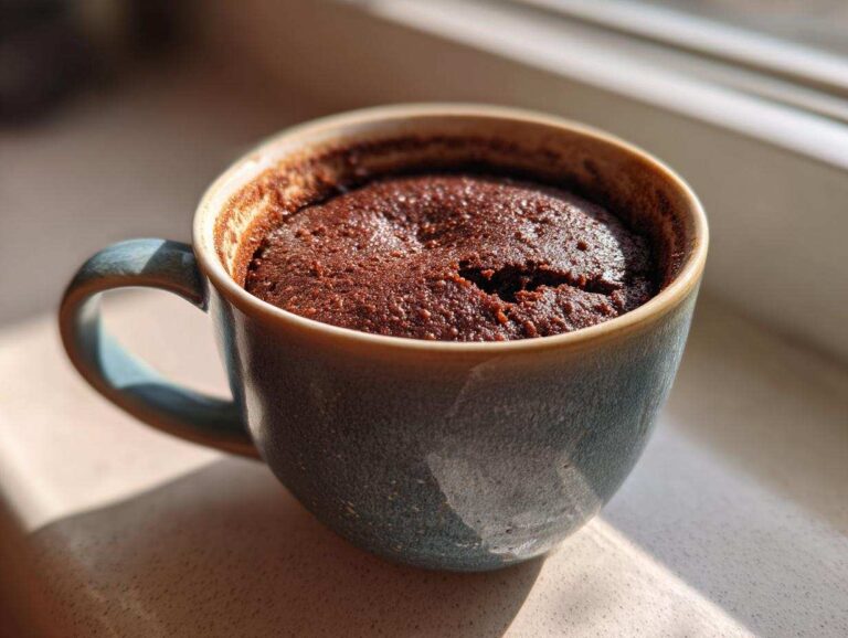Close-up of a freshly baked, moist chocolate mug cake filling a speckled blue ceramic mug.