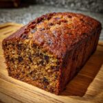 A close-up of a freshly baked, moist loaf of date nut bread sitting on a wooden cutting board.