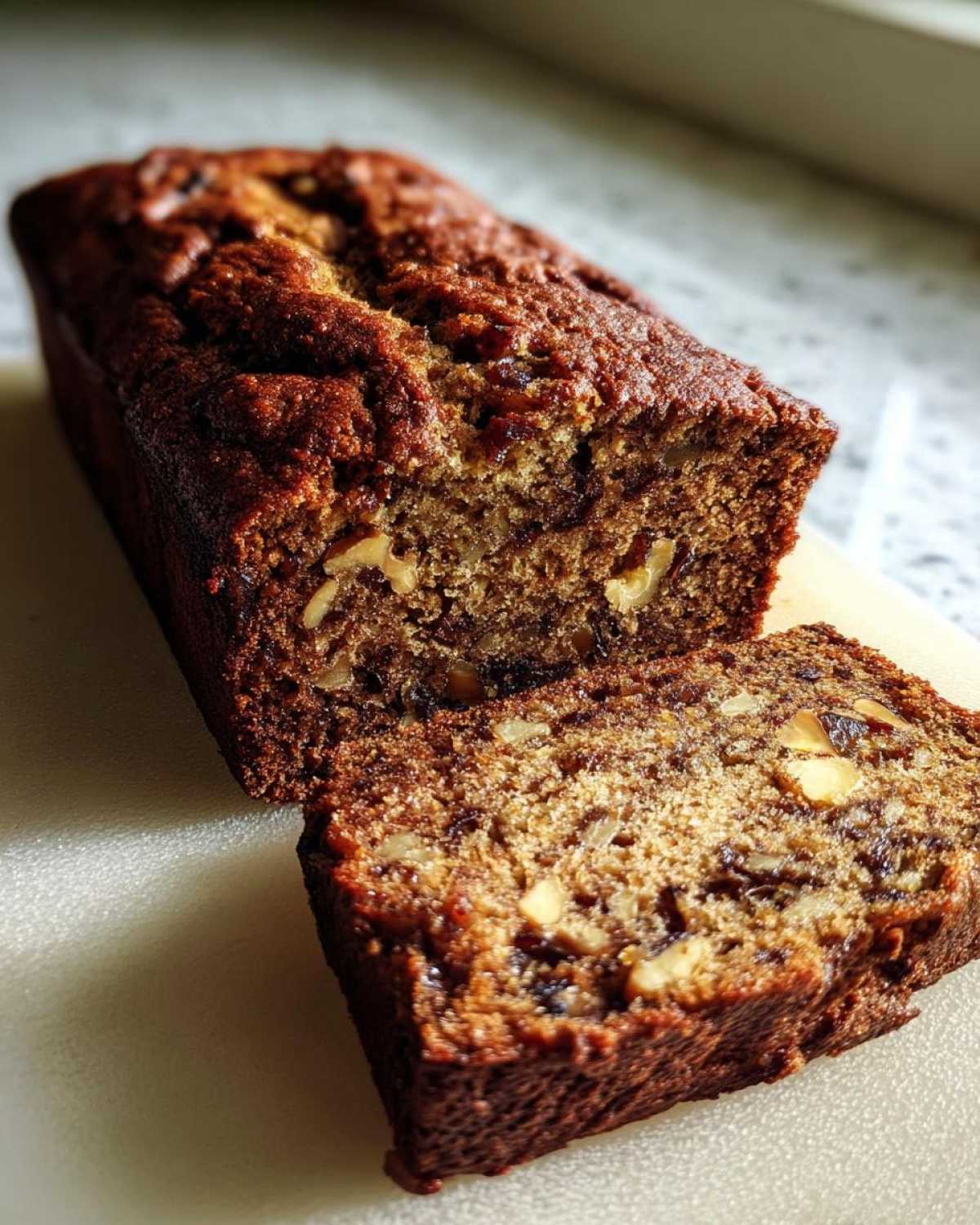 Close-up of a freshly baked loaf of date nut bread with one slice cut, showing moist texture and visible walnuts.