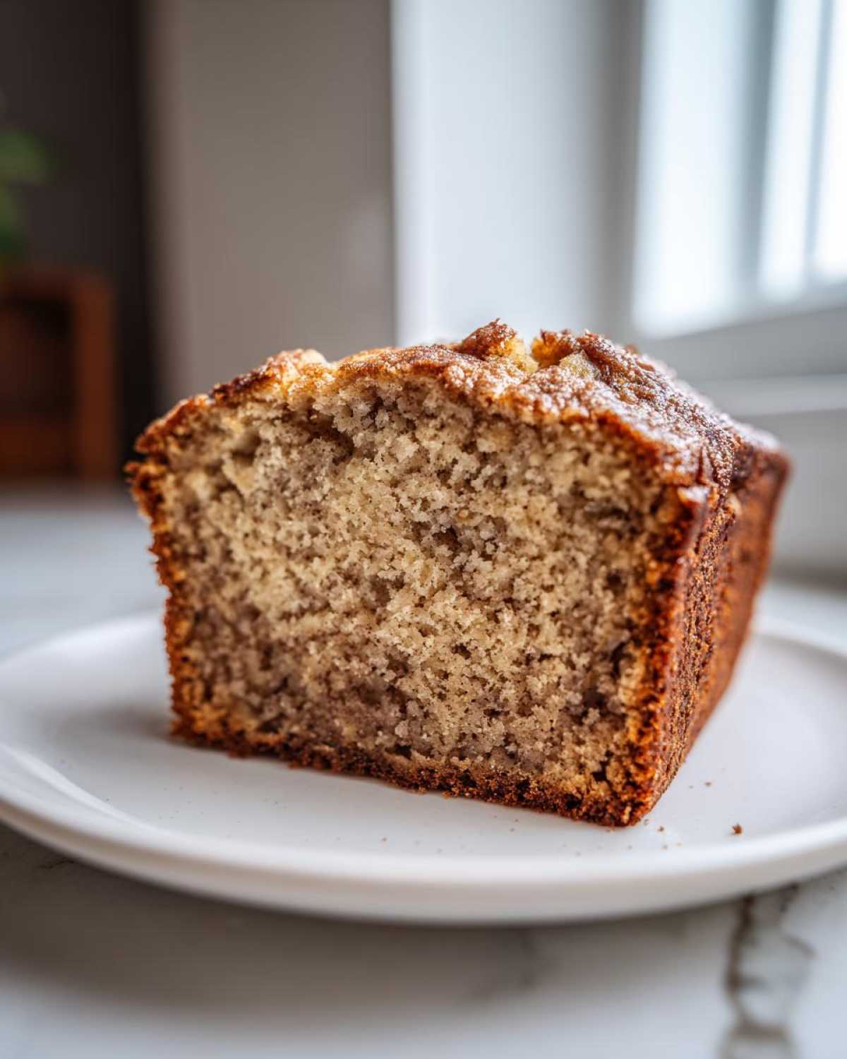 Close-up of a moist slice of sugar free banana bread with a golden-brown crust, served on a white plate.