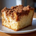 Close-up of a moist slice of sour cream coffee cake featuring a thick cinnamon streusel topping and cream cheese swirl.