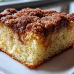 Close-up of a moist slice of sour cream coffee cake featuring a thick, sugary cinnamon crumb topping.