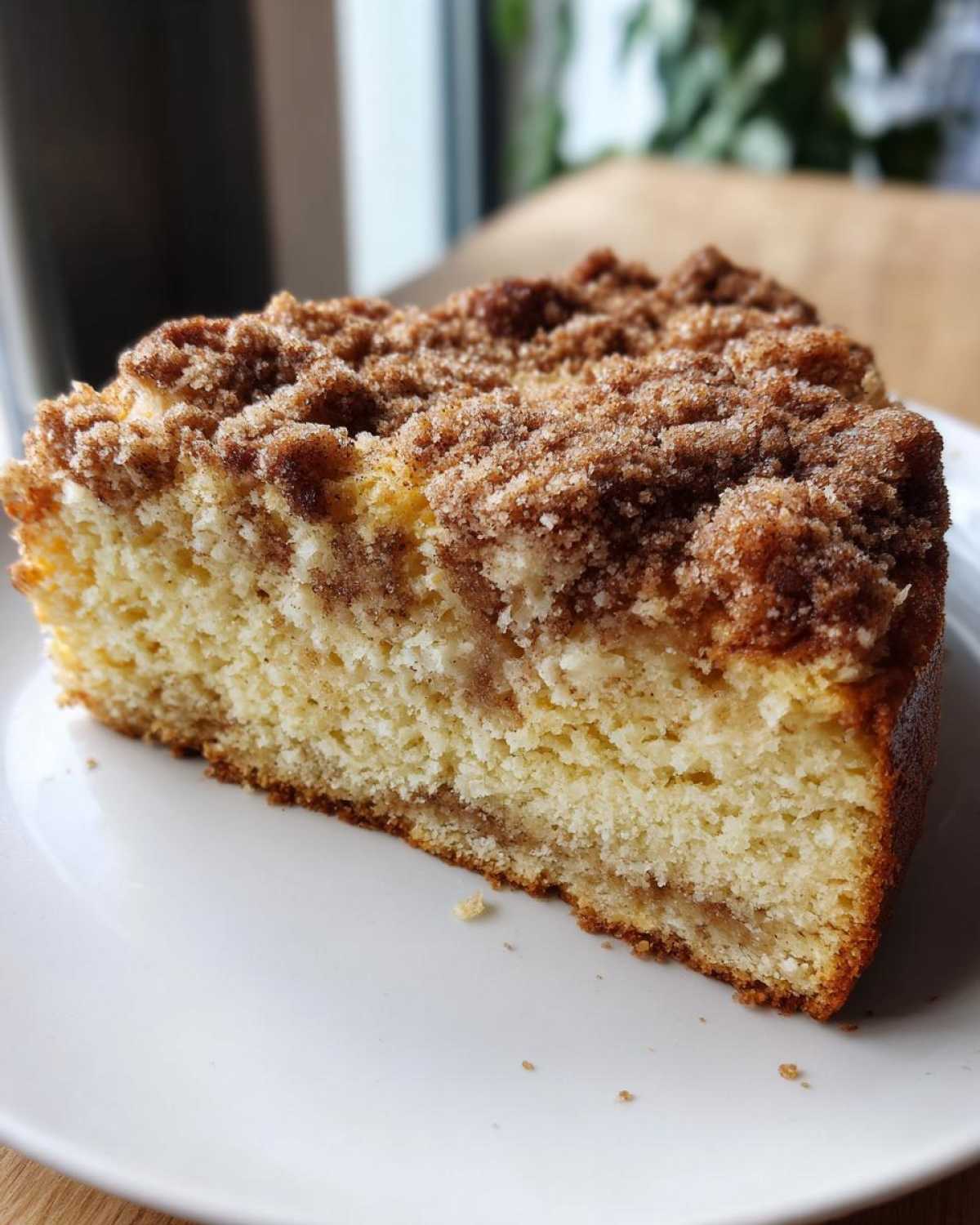 A close-up of a moist slice of sour cream coffee cake featuring a thick cinnamon streusel topping.