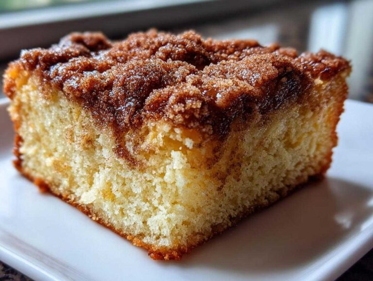 Close-up of a moist slice of sour cream coffee cake featuring a thick, sugary cinnamon crumb topping.