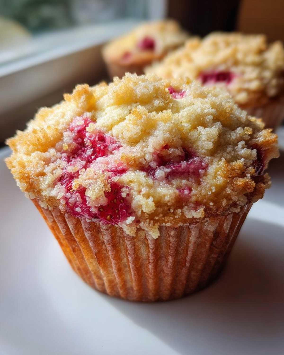 Close-up of a moist strawberry muffins topped with golden brown streusel crumb topping, sitting on a white plate.