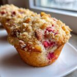Close-up of a moist strawberry muffin featuring bright pink fruit pieces and a generous, golden crumb topping.
