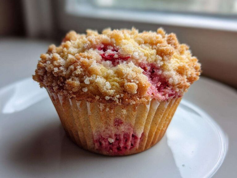 Close-up of a moist strawberry muffin with a golden crumb topping, showing bright pink fruit inside.