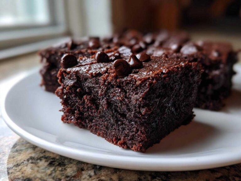 Close-up of a rich, dark chocolate sweet potato brownies slice topped with chocolate chips on a white plate.