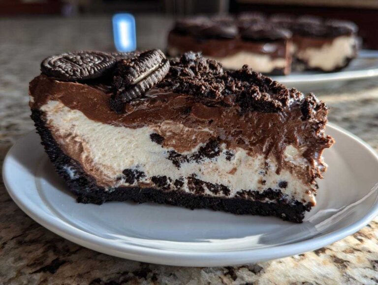 A thick slice of no-bake Oreo pie showing dark crust, white cream layer, and chocolate mousse topping, garnished with Oreo cookies.