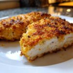 Close-up of a perfectly cooked parmesan crusted chicken breast, showing the golden, crispy coating and juicy white interior.
