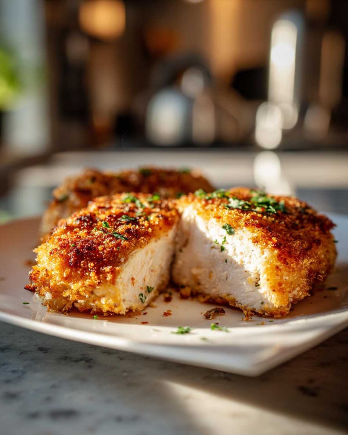 Close-up of juicy parmesan crusted chicken cut in half, showing the white interior and golden crust.