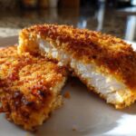 Close-up of juicy parmesan crusted chicken cut in half showing white meat inside.