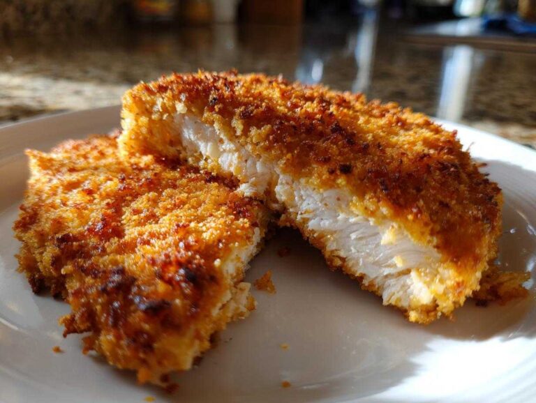 Close-up of juicy parmesan crusted chicken cut in half showing white meat inside.