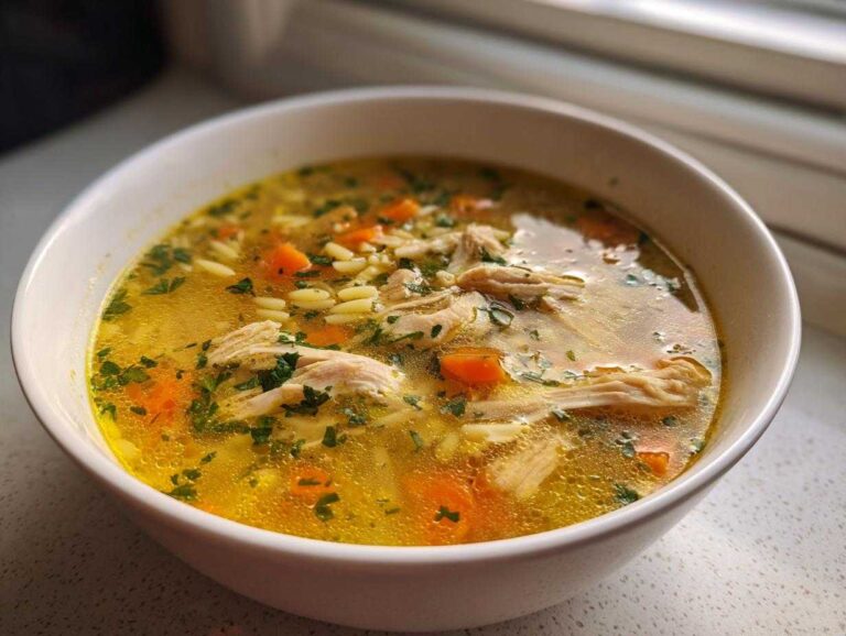 A close-up of a white bowl filled with golden penicillin soup, featuring shredded chicken, carrots, and herbs.