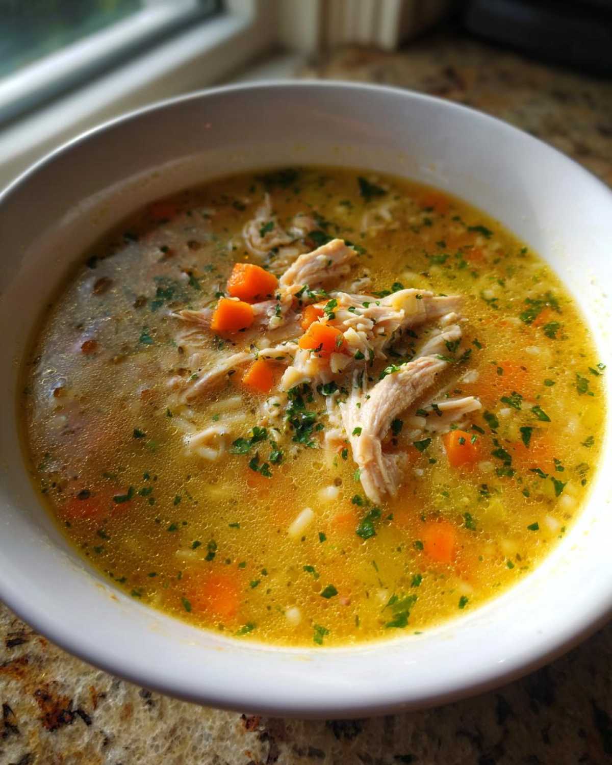 Close-up of a white bowl filled with golden penicillin soup, featuring shredded chicken, diced carrots, and fresh parsley.