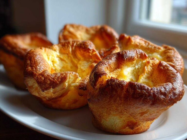 Close-up of four golden brown, perfectly risen yorkshire pudding cups on a white plate.