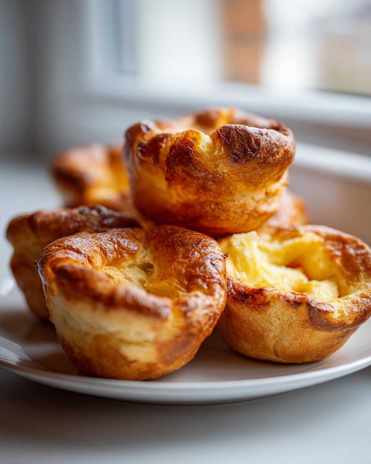 A close-up of several golden brown, perfectly risen Yorkshire pudding on a white plate.