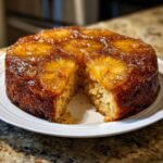 A golden, moist pineapple upside down cake with caramelized topping, showing a slice removed on a white plate.