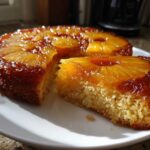 A slice cut from a glistening pineapple upside down cake, showing the moist crumb and caramelized topping.
