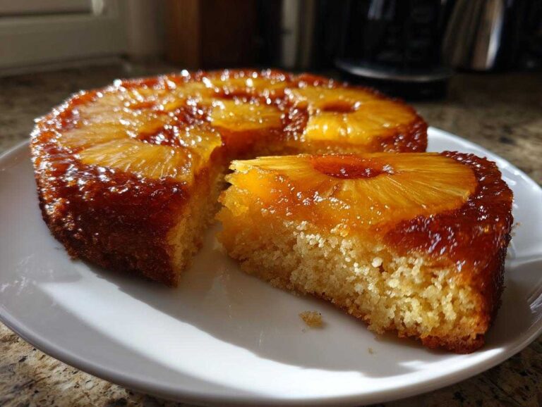 A slice cut from a glistening pineapple upside down cake, showing the moist crumb and caramelized topping.