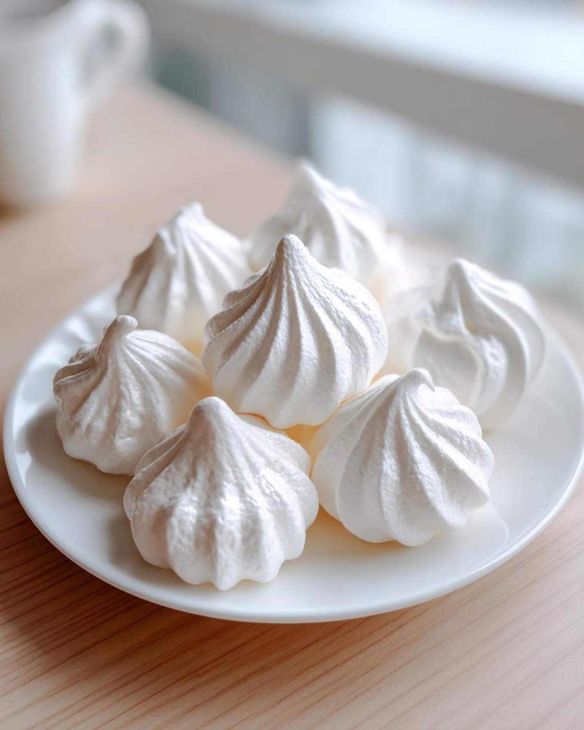 Close-up of several perfectly piped white meringue cookies arranged on a small white plate.