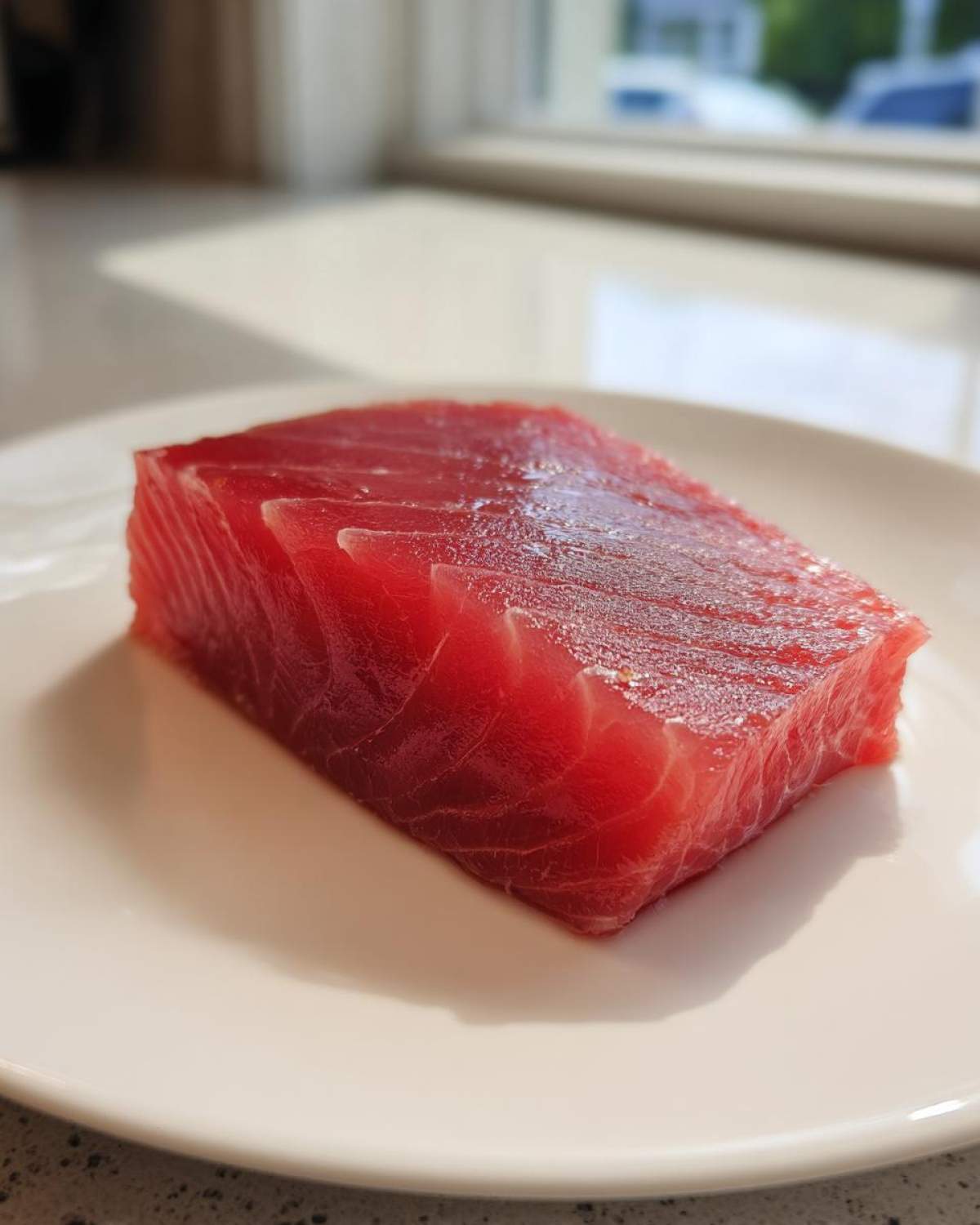 A vibrant, raw, thick-cut tuna steak resting on a white plate, ready for a MARINADE FOR TUNA STEAK.