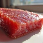 Close-up of a vibrant red, raw tuna steak seasoned with sesame seeds, ready for a MARINADE FOR TUNA STEAK.