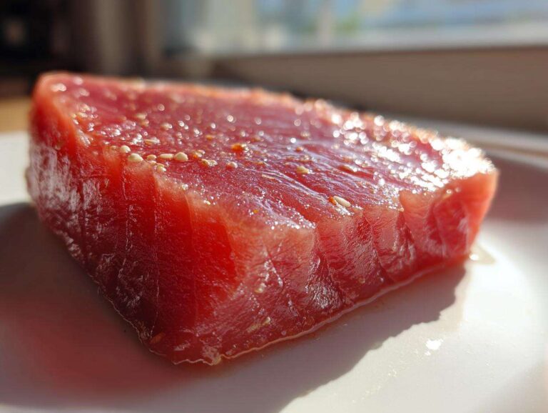 Close-up of a vibrant red, raw tuna steak seasoned with sesame seeds, ready for a MARINADE FOR TUNA STEAK.