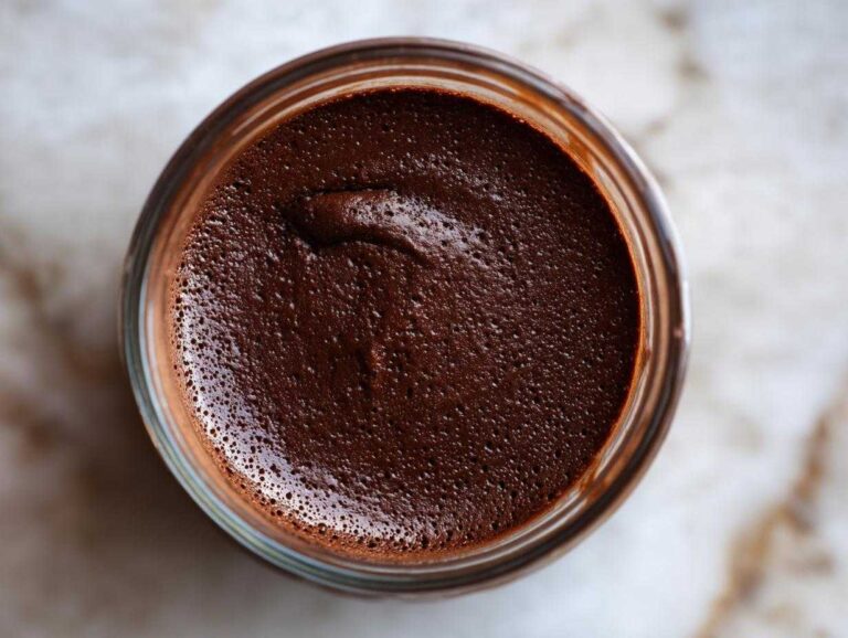 Overhead view of rich homemade chocolate pudding with a slightly textured surface in a small glass jar.