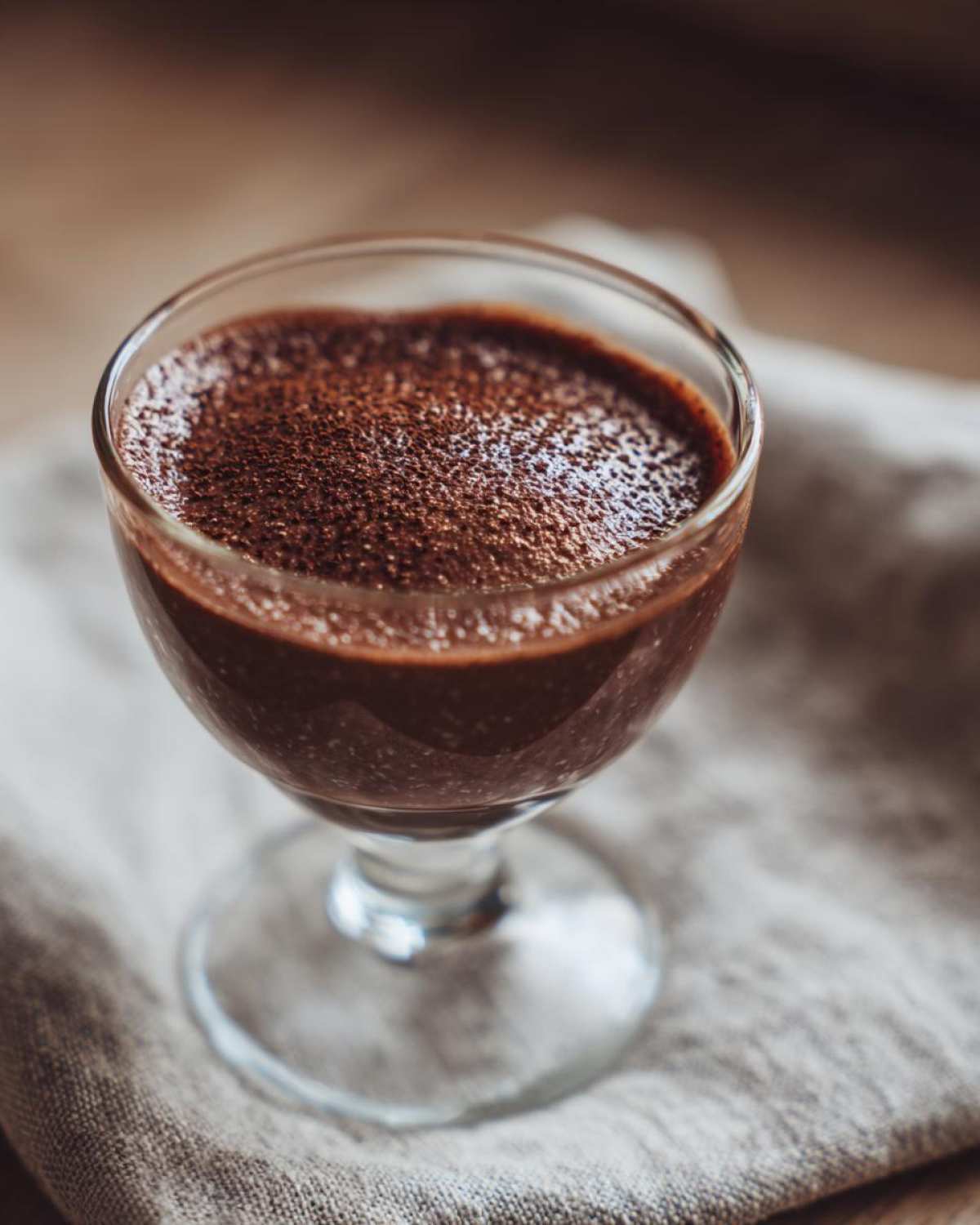 Close-up of rich homemade chocolate pudding dusted with cocoa powder in a stemmed glass.