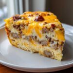 A thick slice of savory egg bake layered with sausage crumbles and melted cheddar cheese on a white plate.