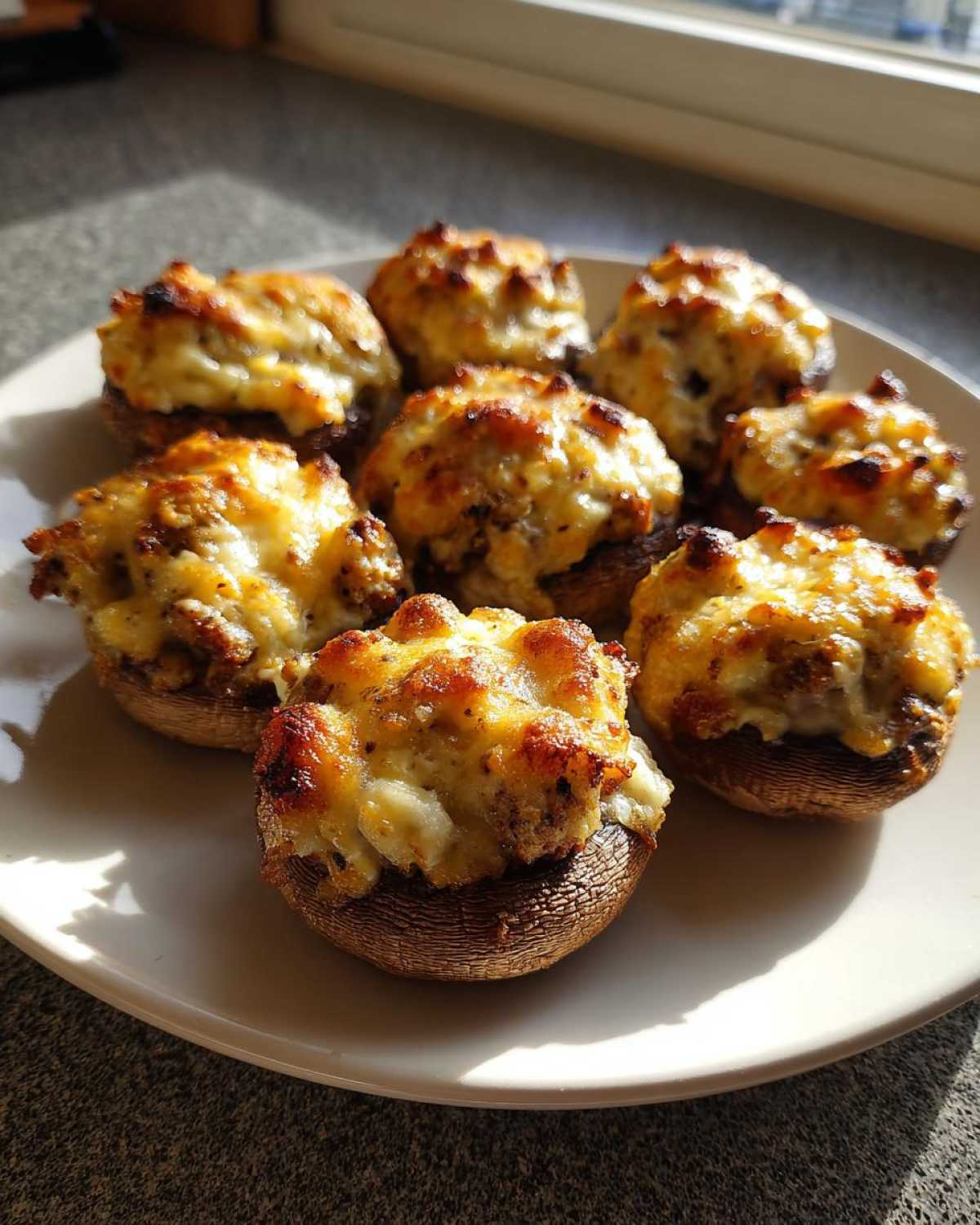 A plate holding eight golden-brown Sausage stuffed mushrooms topped with bubbly, browned cheese.