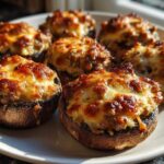 Six golden-brown sausage stuffed mushrooms topped with bubbly, browned cheese served on a white plate.